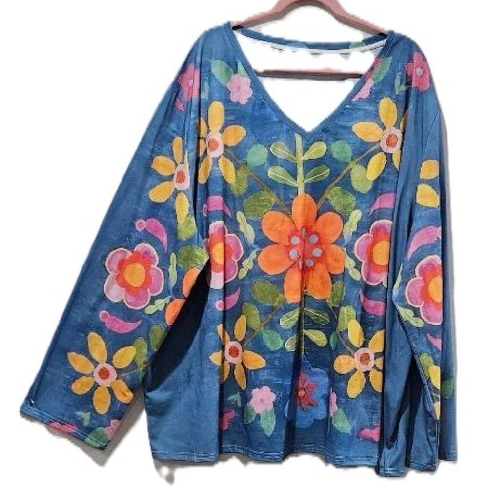 ART TO WEAR BLUE PINK YELLOW GREEN FLORAL LONG SLEEVE V-NECK TOP TUNIC 6X CRUISE
